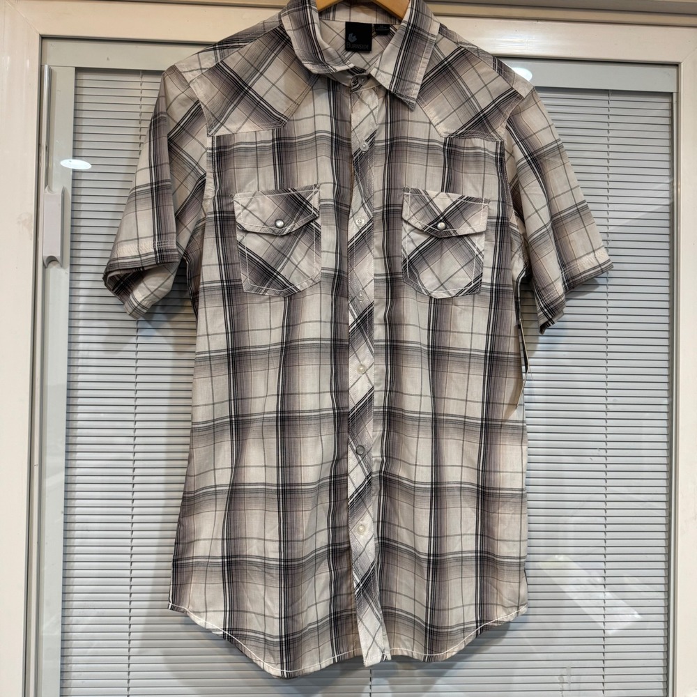 Burnside Mens Plaid Short Sleeve Western Button Down Shirt Black White BX9231A